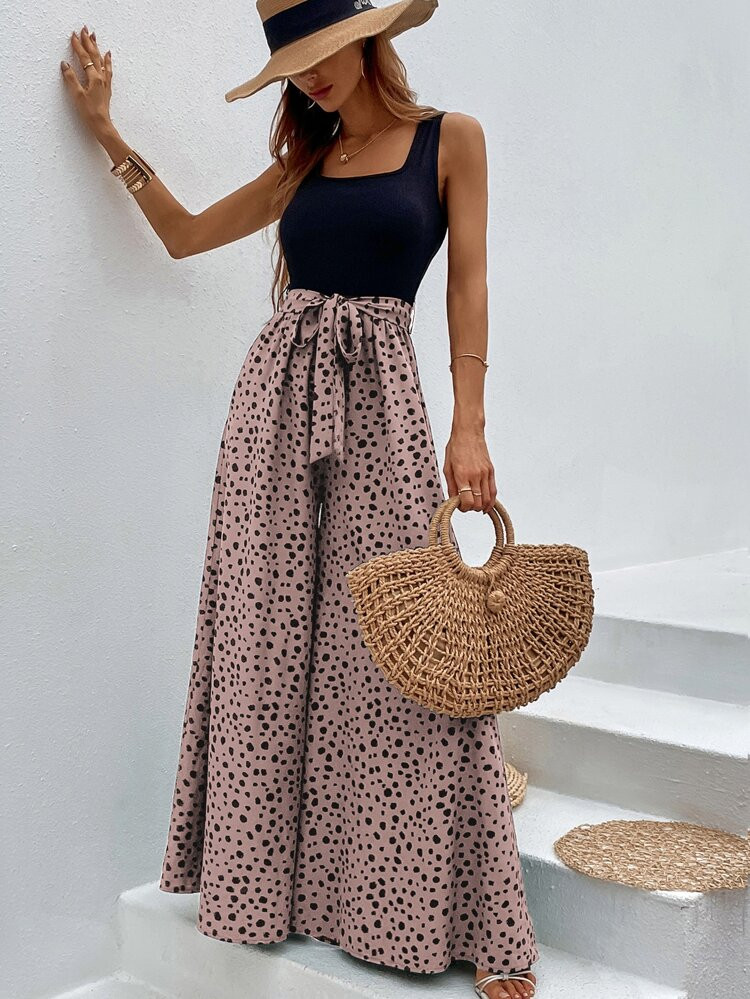 Dalmatian Print Wide Leg Belted Jumpsuit | SHEIN