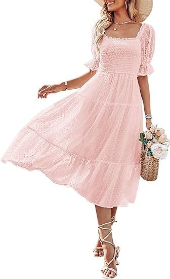 MEROKEETY Women's 2024 Summer Square Neck Puff Sleeve Boho Midi Dress Swiss Dot Ruffle Flowy Tie ... | Amazon (US)