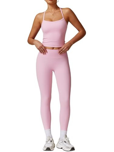 ABOCIW Womens Workout Sets Two Piece Padded Sports Bra Cross Back Tank Top High Waist Leggings Gym Sets Work Out Clothes Pink X-Small | Amazon (US)