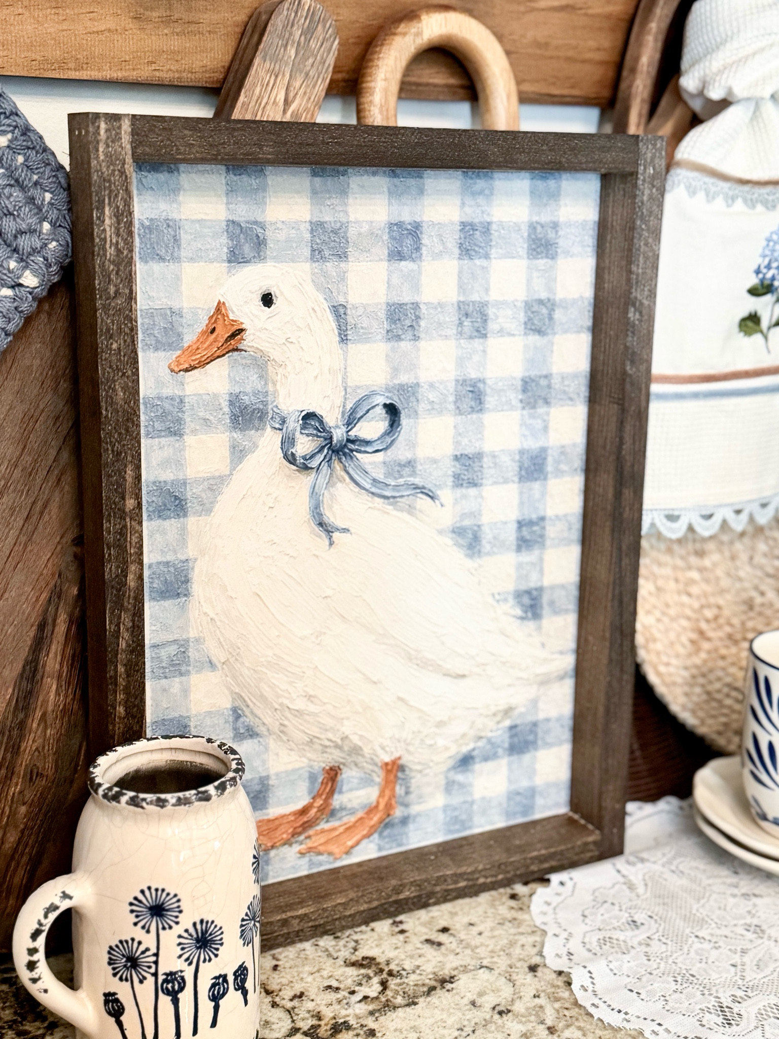 This duck print matches my summer coffee bar theme perfectly! The blue gingham has my heart! I was able to customize the color to blue from the tan one pictured on Etsy. Just messsge the shop owner when you order if you need it in blue  

#LTKSeasonal #LTKHome