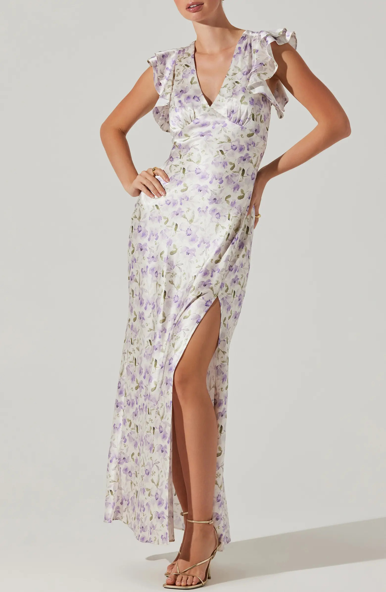 Floral Flutter Sleeve Satin Maxi Dress | Nordstrom Rack