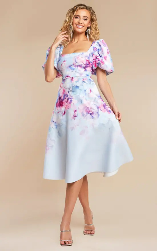 Printed Scuba Square Neck Puff Sleeve Midi Dress In Blue | Goddiva | SilkFred | SilkFred