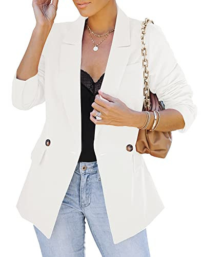 LookbookStore Women's Brilliant White Blazer for Work, Size 8-10, Double Breasted, Notch Lapel, One Button Closure, Cotton Blend | Amazon (US)
