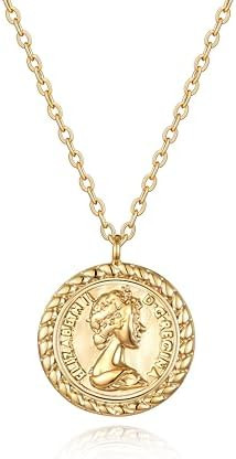 VACRONA Coin Necklace 18k Gold Plated Vintage Textured Medallion Coin Pendant Round Circle Disk D... | Amazon (US)