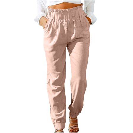Women s Casual Plus Size Cotton Linen Pants Casual Comfort Elastic Waist Straight Lounge Capri Pants | Walmart (US)