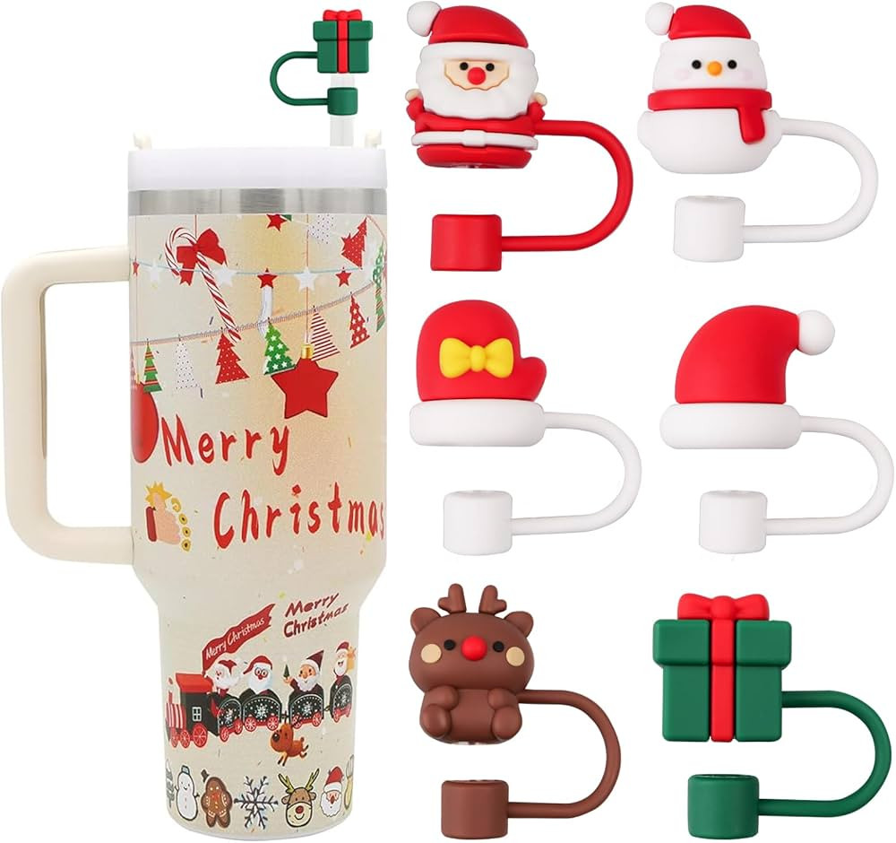 Christmas Straw Cover Caps for Stanley Cup, 6 Pcs Silicone Straw Toppers Cute Reusable Dust-proof... | Amazon (US)
