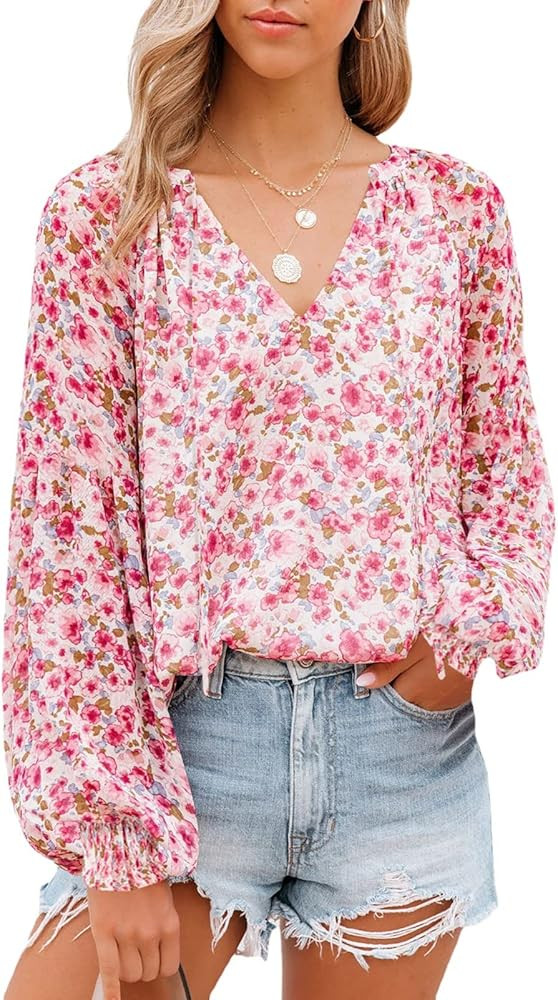 miduo Womens Blouses Long Sleeve V Neck Floral Printed Loose Casual Blouses Tops and Shirts | Amazon (US)