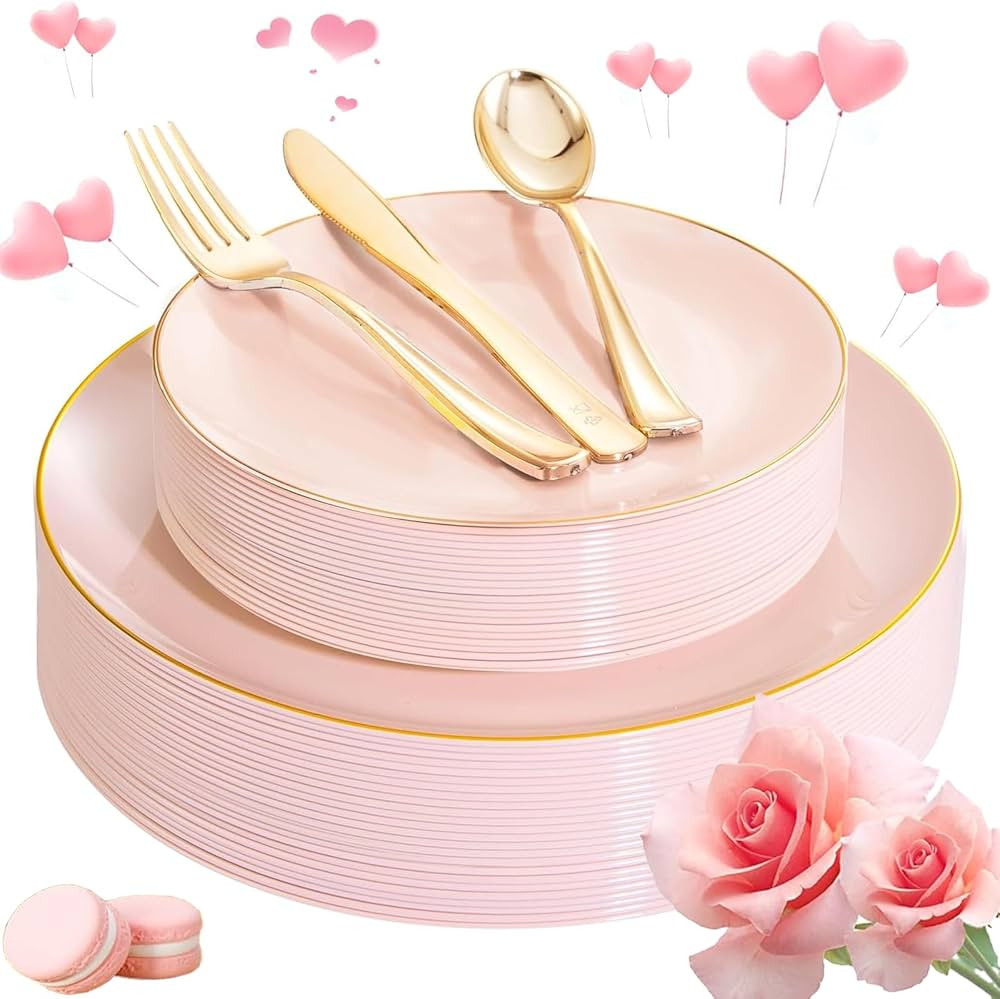 YOUBET 125PCS Pink Plastic Plates - Pink Disposable Plates With Gold Rim - Pink and Gold Plates I... | Amazon (US)