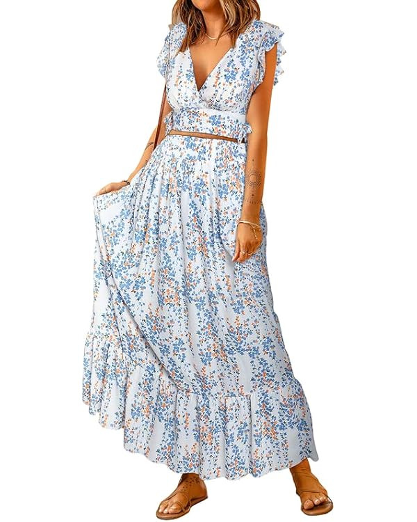 Dokotoo Women's Boho Dress Deep V Neck 2 Piece Skirt Sets Ruffle Cap Sleeve Tie Waist Wrap Chiffo... | Amazon (US)