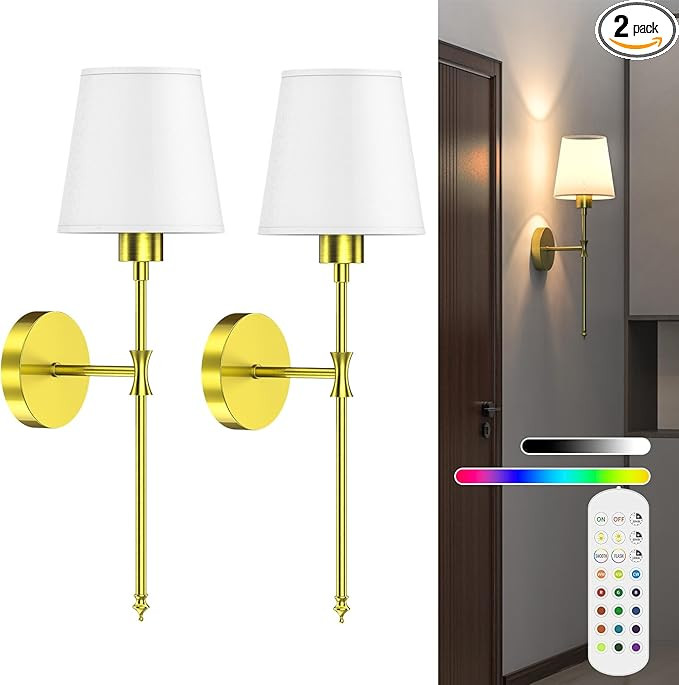 Stylish Battery Operated Wall Sconce, Set of 2 Wireless Wall Lights for Bedroom and Living Room, ... | Amazon (US)
