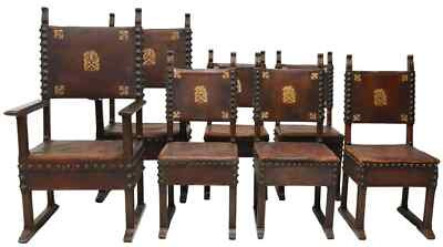 Antique Chairs, Spanish Baroque Style Oak, Leather (7), Nailhead, Finials, 1800s | eBay US