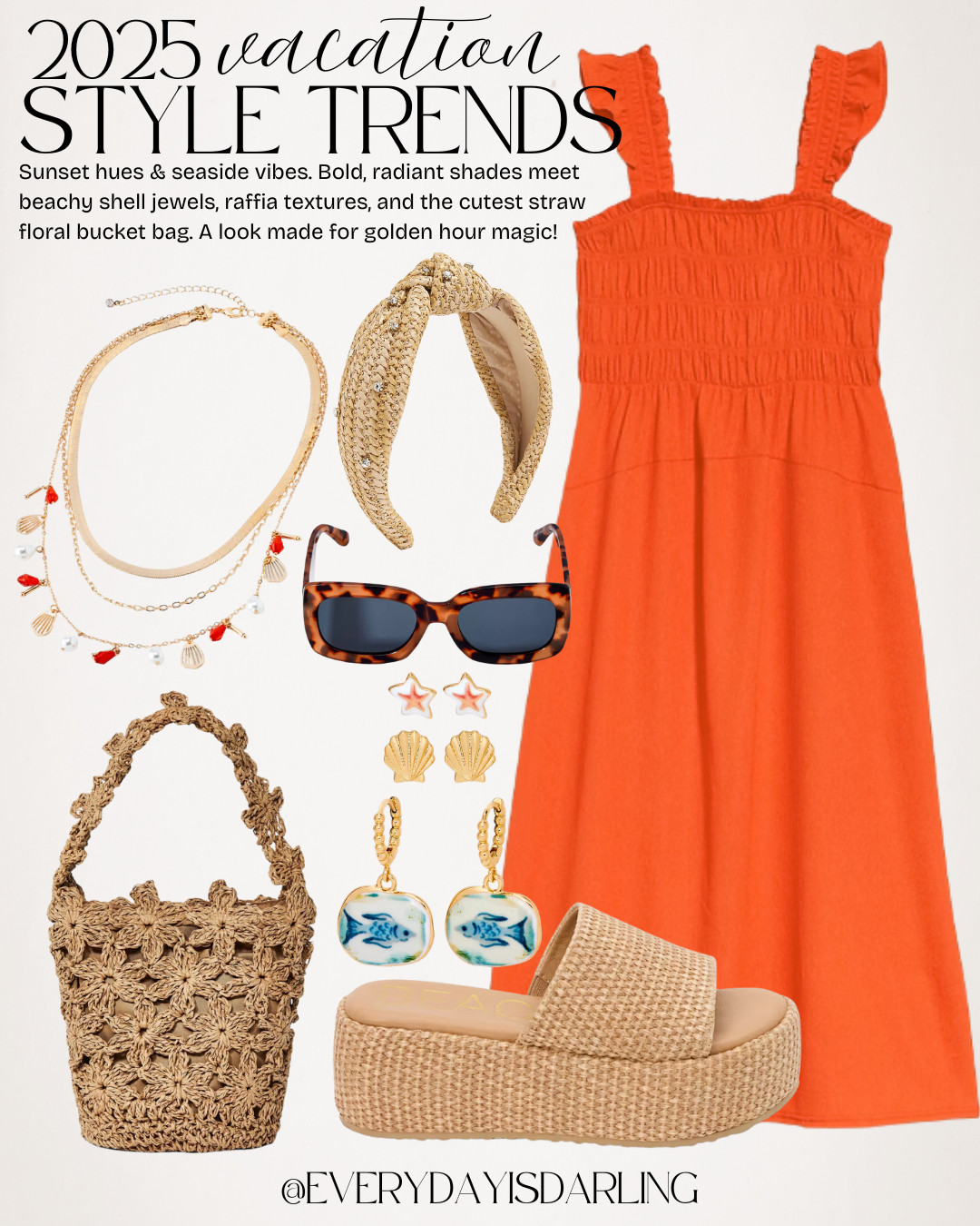 Sunset hues & seaside vibes 🌅✨ Bold, radiant shades meet beachy shell jewels, raffia textures, and the cutest straw floral bucket bag. A look made for golden hour magic! #SunsetGlow #CoastalChic

Summer style  resort wear  spring break fashion  everydayisdarling 

 #LTKStyleTip #LTKTravel #LTKBump
