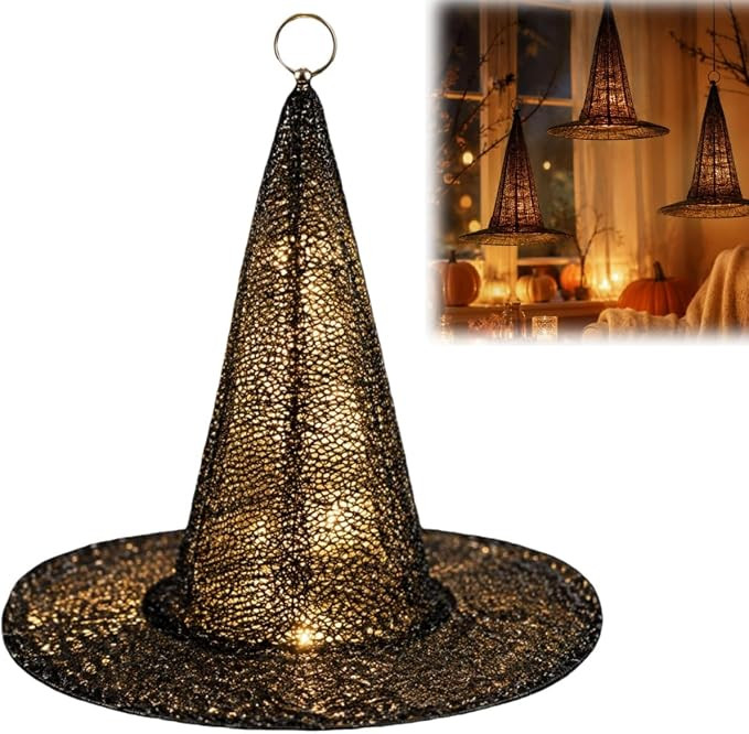 Light Up Black Mesh Witch Hat Hanging Lamp, Glowing Halloween Cone Ornament with Hanging Ring & M... | Amazon (US)