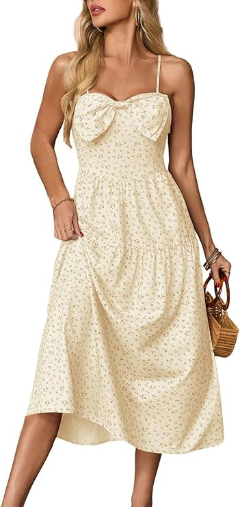 Wenrine Womens Floral Maxi Dress Bow Spaghetti Strap Casual Summer Boho Flowy Beach Sundress | Amazon (US)