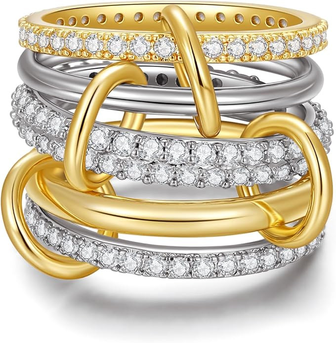 TLY Gold Silver Stackable Rings for Women Mixed Metal Interlocked Statement Ring Stack 14K Gold P... | Amazon (US)