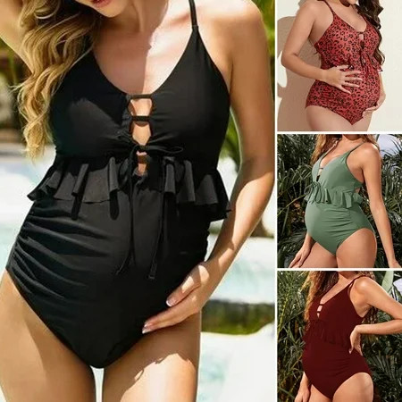 Honrane Front Lace-up Side Ruched Adjustable Back Straps Maternity Monokini Sexy Ruffle Decor Push Up One-Piece Swimwear for Swimming Pool | Walmart (US)