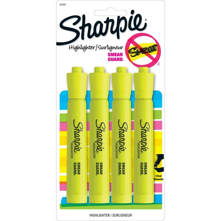 Sharpie Tank Style Highlighters, Chisel Tip, Fluorescent Yellow, 4 Count | Walmart (US)