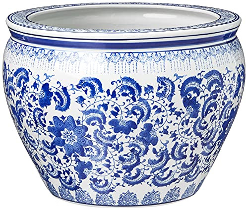 Oriental Furniture 16" Floral Blue & White Porcelain Fishbowl | Amazon (US)