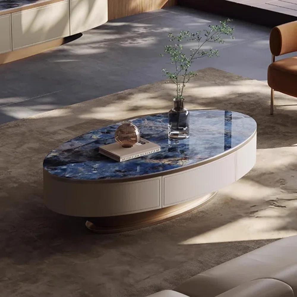 Modern Oval Coffee Table with Sapphire Top and Leather Veneer drawer, Base | Wayfair North America