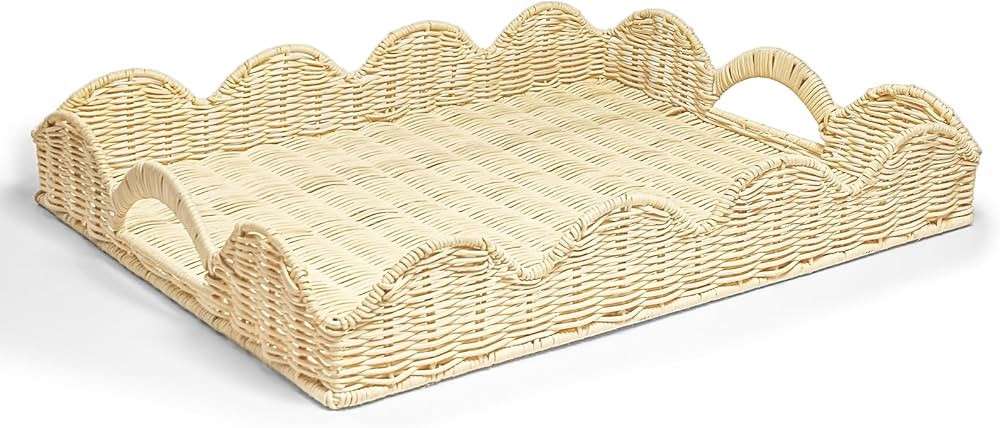 Scalloped Edge Rattan Tray Basket,17"*13" Super Hard Rectangle Hand Woven Wicker Serving Tray wit... | Amazon (US)