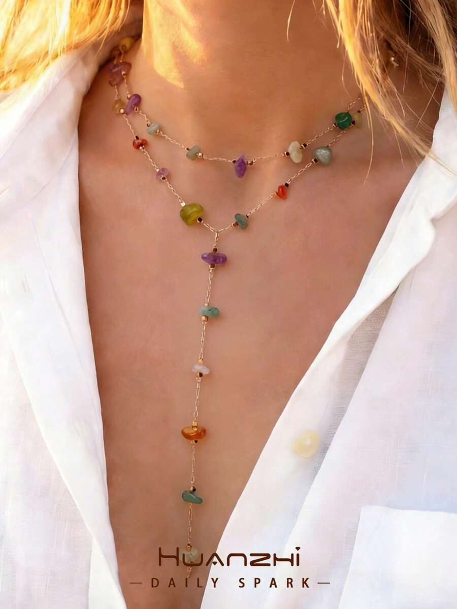 2pcs Bohemian Style Colorful Natural Stone Necklace Set, Fashionable Double-Layer Y-Shaped Neckla... | SHEIN