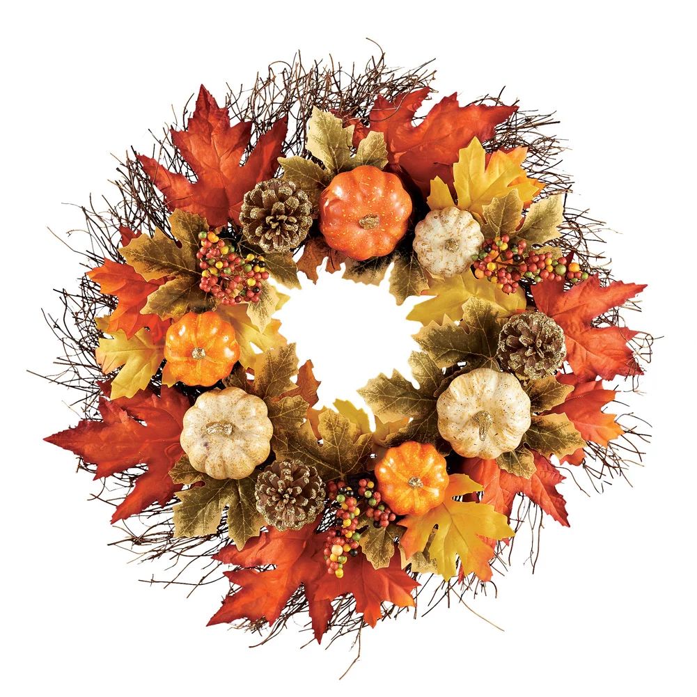 Collections Etc Rustic Pumpkin and Pine Cone Fall Wreath with Maple Leaves and Twig Accents - Bea... | Walmart (US)