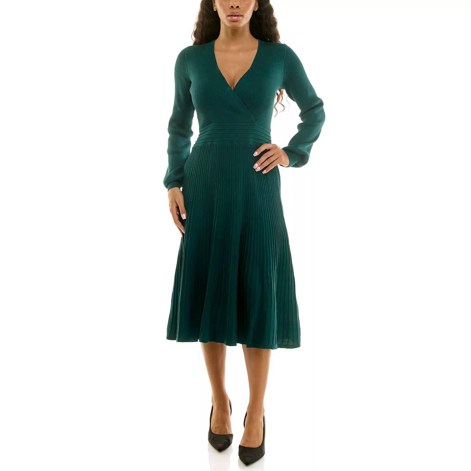 Women's Nina Leonard Fit & Flare Ribbed Sweater Dress, Size: Large, Green | Kohl's