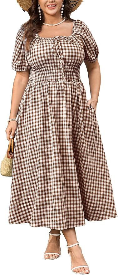 SCOMCHIC Women's Plus Size Maxi Dress Square Neck Plaid Short Sleeve A Line Tie Front Casual Summ... | Amazon (US)