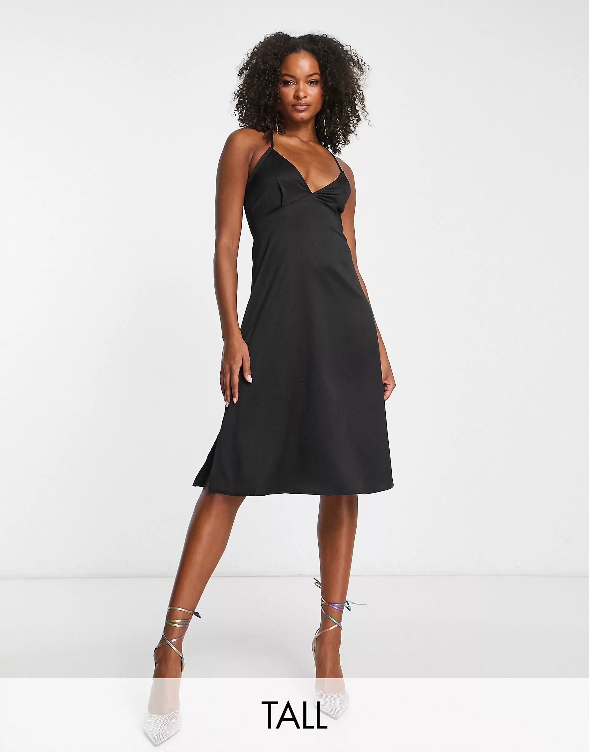 Extro & Vert Tall strappy midi dress in black satin | ASOS (Global)