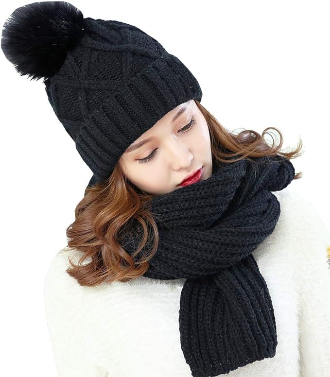 KRATARC Cold Winter Women Warm Scarf Beanie Hat Set Knitted Fleece Girls Pompom | Amazon (US)