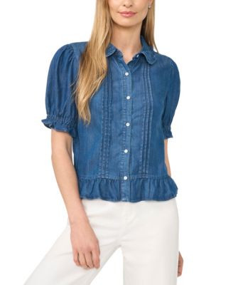 CeCe Women's Cropped Ruffle-Collar Pintuck Button-Front Top - Light Blue Wash | Macy's