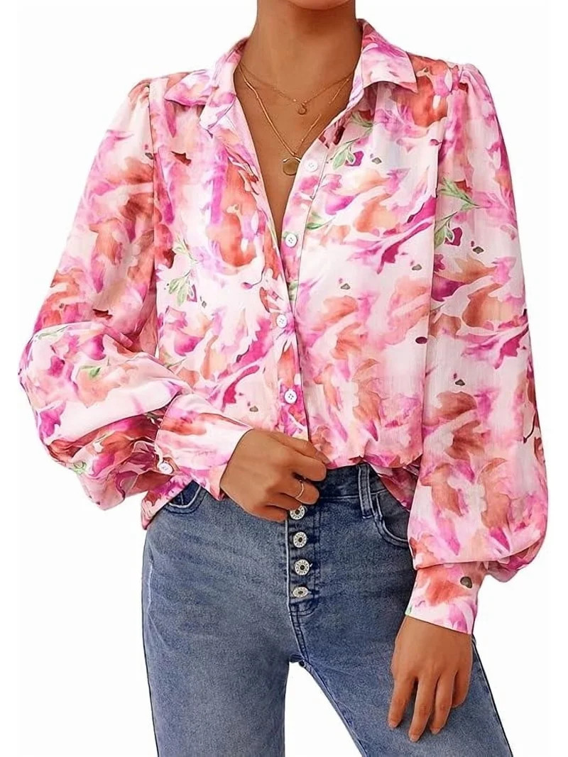 PRETTYGARDEN Women's Floral Blouses Dressy Casual V Neck Button Down Shirts Lantern Long Sleeve B... | Walmart (US)