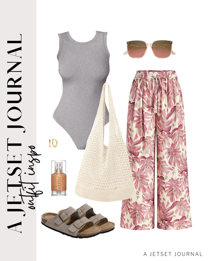 Our next outfit is a gray ANRABESS bodysuit paired with pink leaf PRETTYGARDEN pants for a simple contrast. Slide into your Project Cloud sandals, then style the fit with a crochet bag and classic SOJOS sunglasses. Finish the look with a pair of huggie hoop earrings, then add this bestseller, Milk Makeup Primer, to your usual beauty routine.

#LTKSeasonal #LTKSaleAlert #LTKTravel
 

 