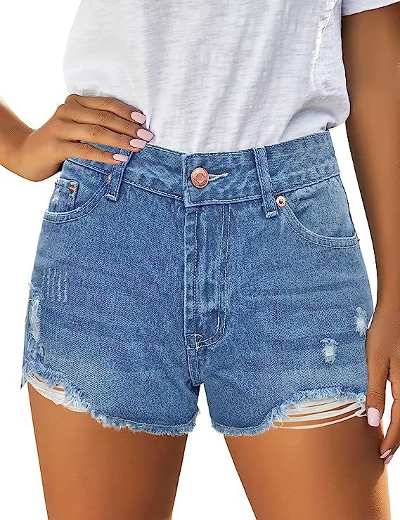 Utyful Women's Casual Summer Ripped Washed Distressed Stretch Denim Jean Shorts | Amazon (US)