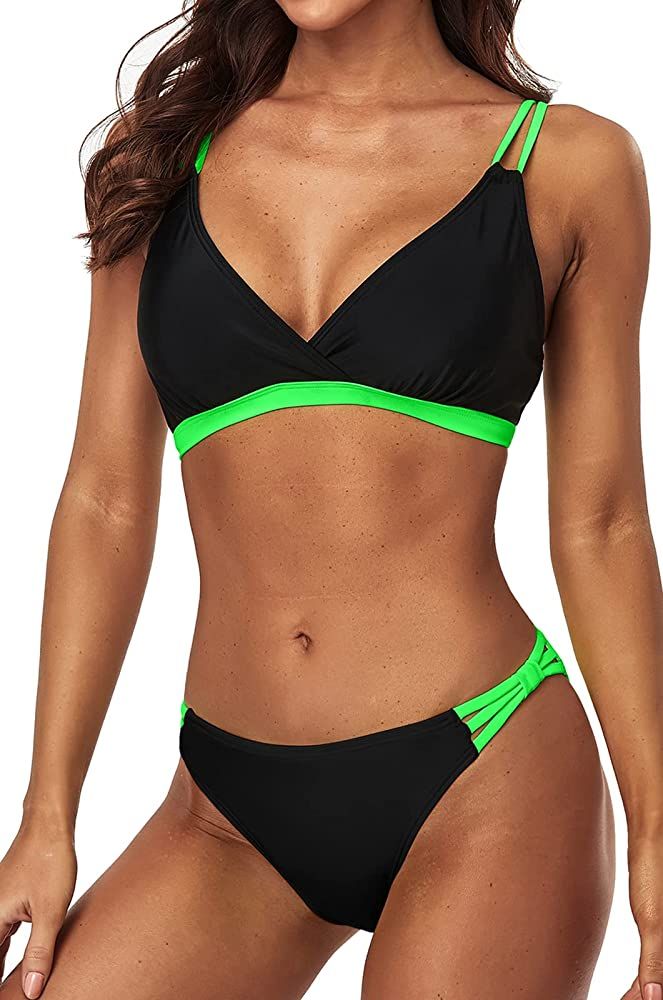 Charmo Women V Neck Bikini Set High Cut Bathing Suits 2 Piece Tie Back Swimsuits | Amazon (US)