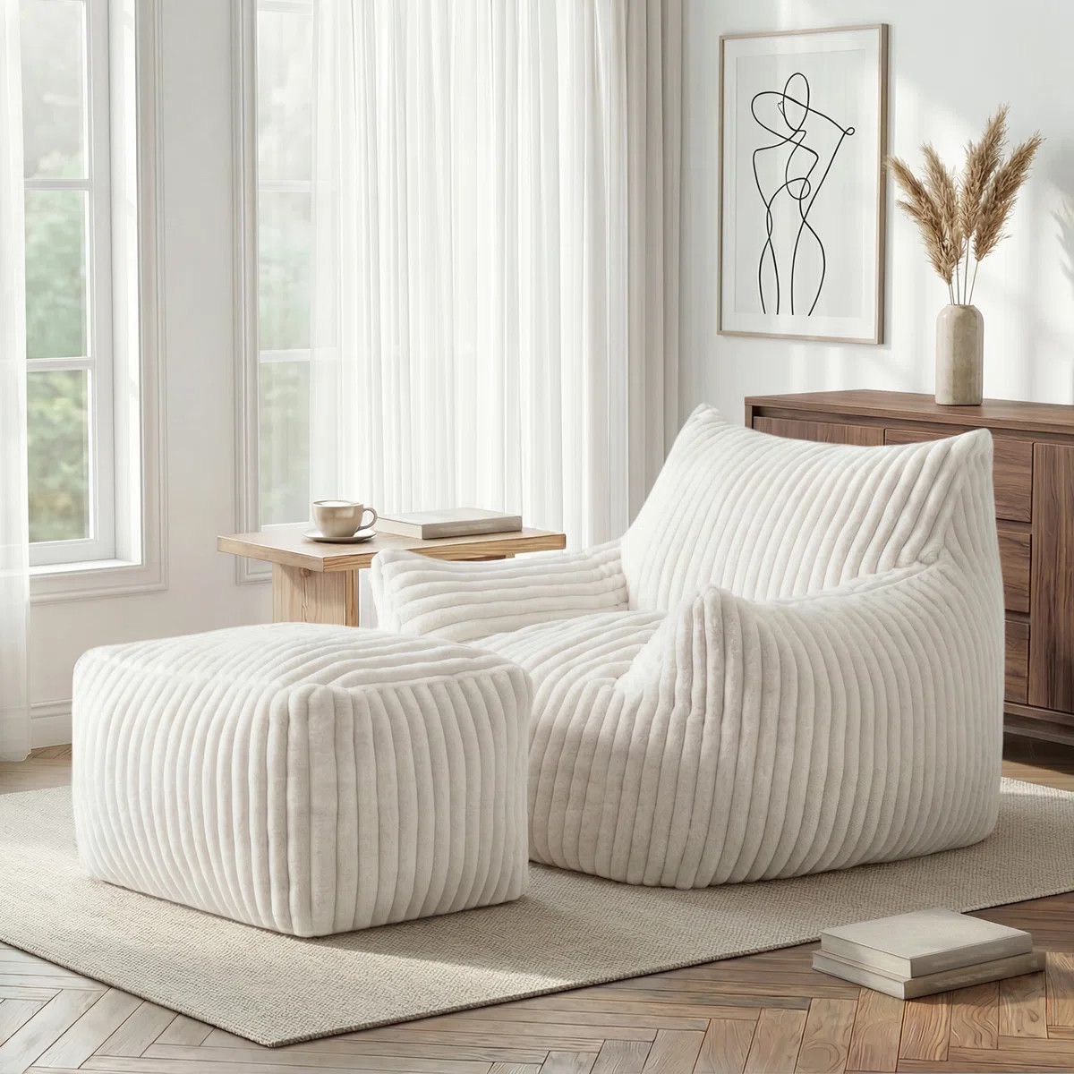 Oversized 46" Corduroy Foam Bean Bag Chair with Ottoman | Wayfair North America