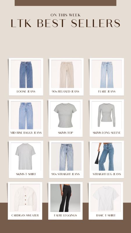 Best sellers from the past week 🫶🏼 Abercrombie jeans, Abercrombie denim, loose jeans, relaxed jeans, 90s straight jeans, 90s relaxed jeans, fall sweaters, fall fashion staples, fall outfit staples, skims basics, skims t-shirt, skims long sleeve