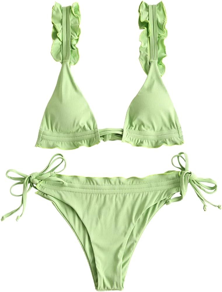 ZAFUL Women's Spaghetti Strap Tie Back Ruffle Triangle Bikini Set Swimsuit | Amazon (US)