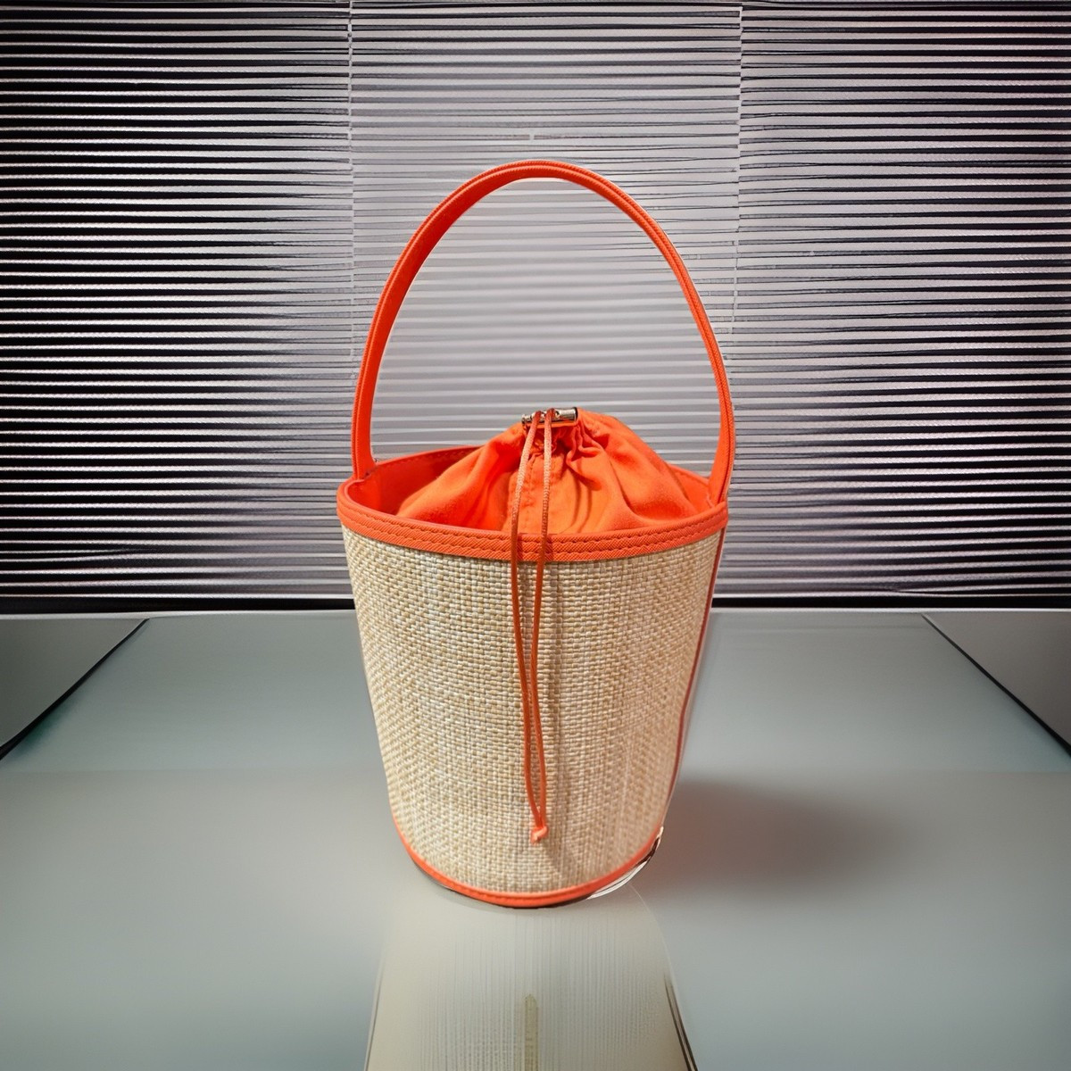 Stephanie Johnson for Neiman Marcus Round Raffia Orange Drawstring Top Bag | eBay US