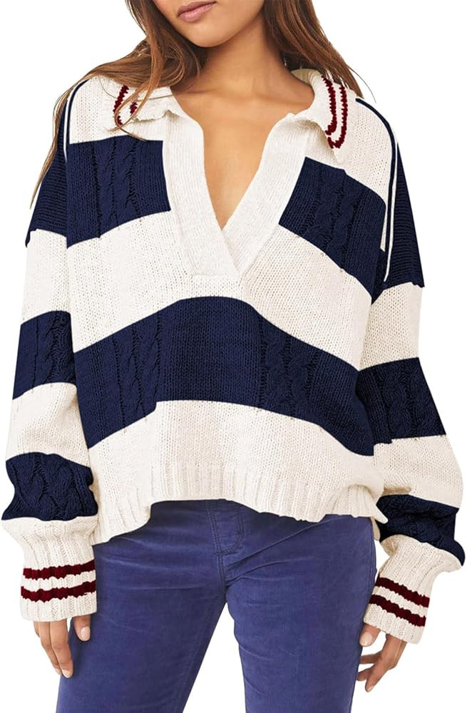 Pink Queen Women's 2023 Fall Casual Oversized Pullover Sweaters Lapel Collar V Neck Long Sleeve C... | Amazon (US)
