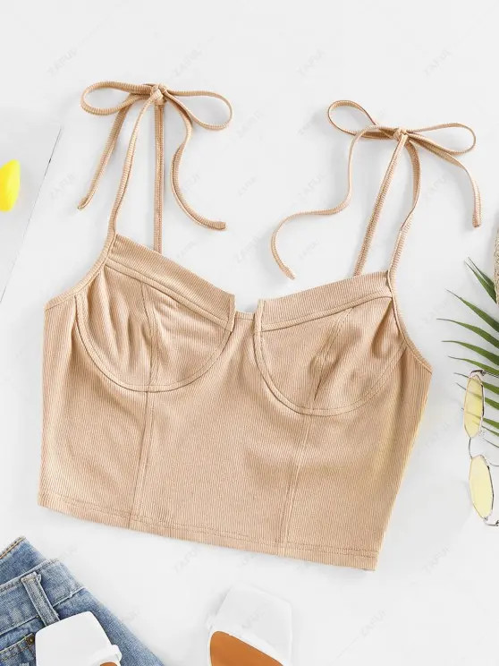 ZAFUL Ribbed Tie Shoulder Cupped Cropped Cami Top   LIGHT COFFEE | ZAFUL (Global)