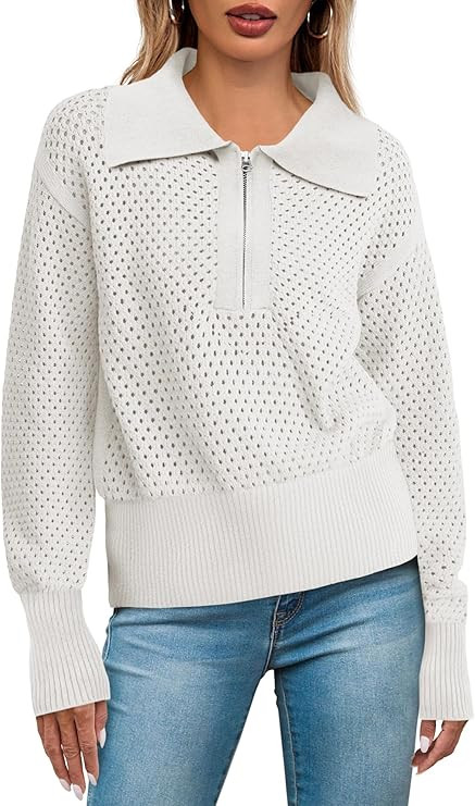 Doshoop Women's Half Zip Pullover Sweaters Crochet Lapel Collar Long Sleeve Knit Solid Color Jump... | Amazon (US)