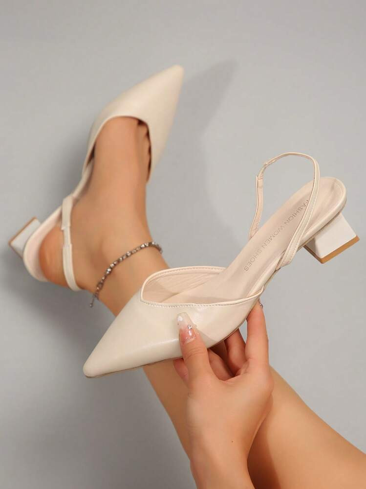 Women's Beige Casual Slip-On Sandals, Pointed Toe, Elastic Band, Chunky Heel, Shoes | SHEIN