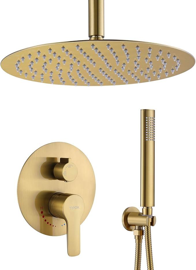 Gold Shower System, Ceiling Shower Faucet Brushed Gold Has 12 Inch Round Golden Brush Rain Shower... | Amazon (US)