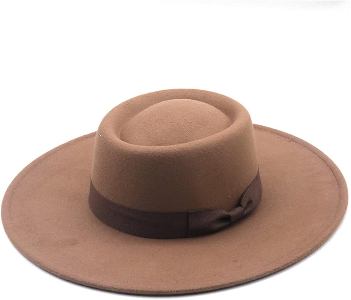 Wide Brim Flat Top Hat Boater Hat Women Wool Fedora Felt Hats with Bowknot Vintage Panama Cap | Amazon (US)