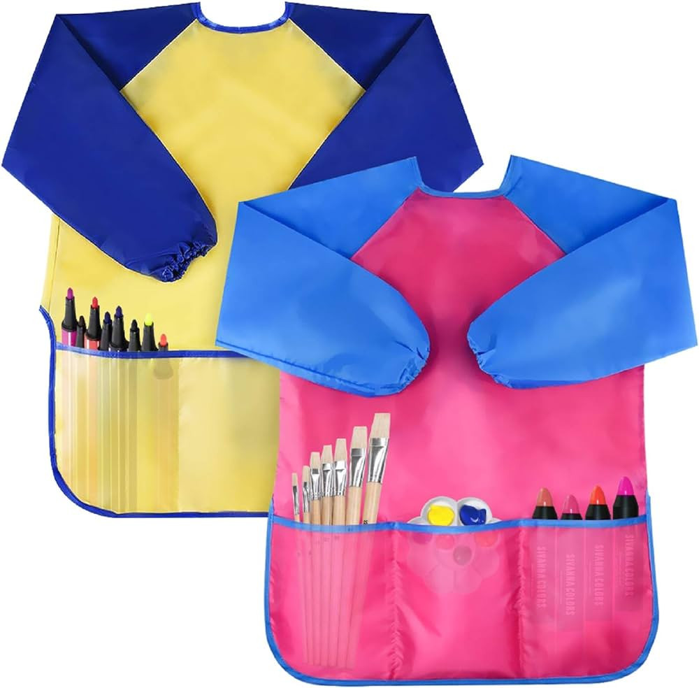Bassion 2 Pack Kids Art Smocks Toddler Smock Waterproof Artist Painting Aprons Long Sleeve with 3... | Amazon (US)