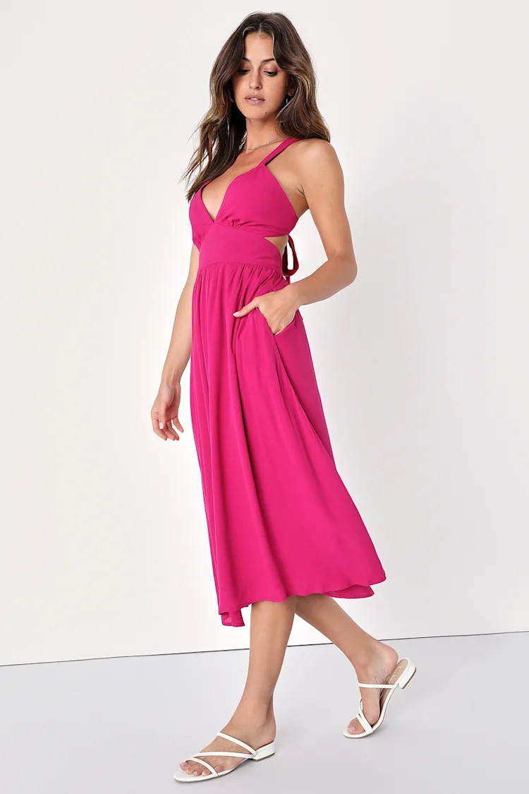 Bold New Look Magenta Tie-Back Midi Dress With Pockets | Lulus
