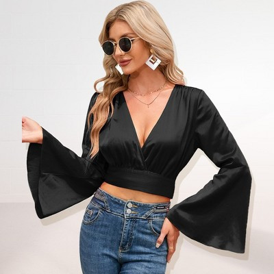 Women's Style Tops Bell Sleeve Top Wrap Blouse Tie Front Crop Top Long Sleeve Top Tee Shirts - Black,L | Target