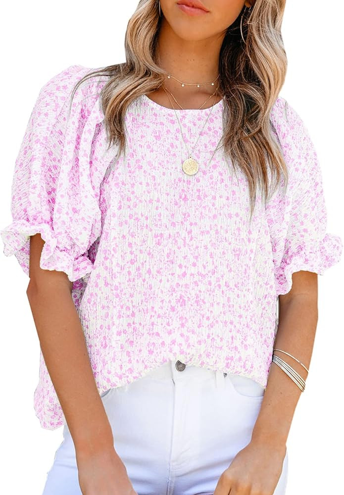Dokotoo Floral Print Blouses for Women Crewneck Smocked Puff Sleeve Shirts Casual Babydoll Tops | Amazon (US)