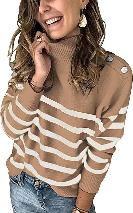 KIRUNDO Women's Long Sleeve Knit Turtleneck Striped Loose Sweater Deco with Metal Buttons | Amazon (US)